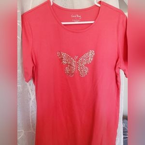 Coral top with blingy butterfly